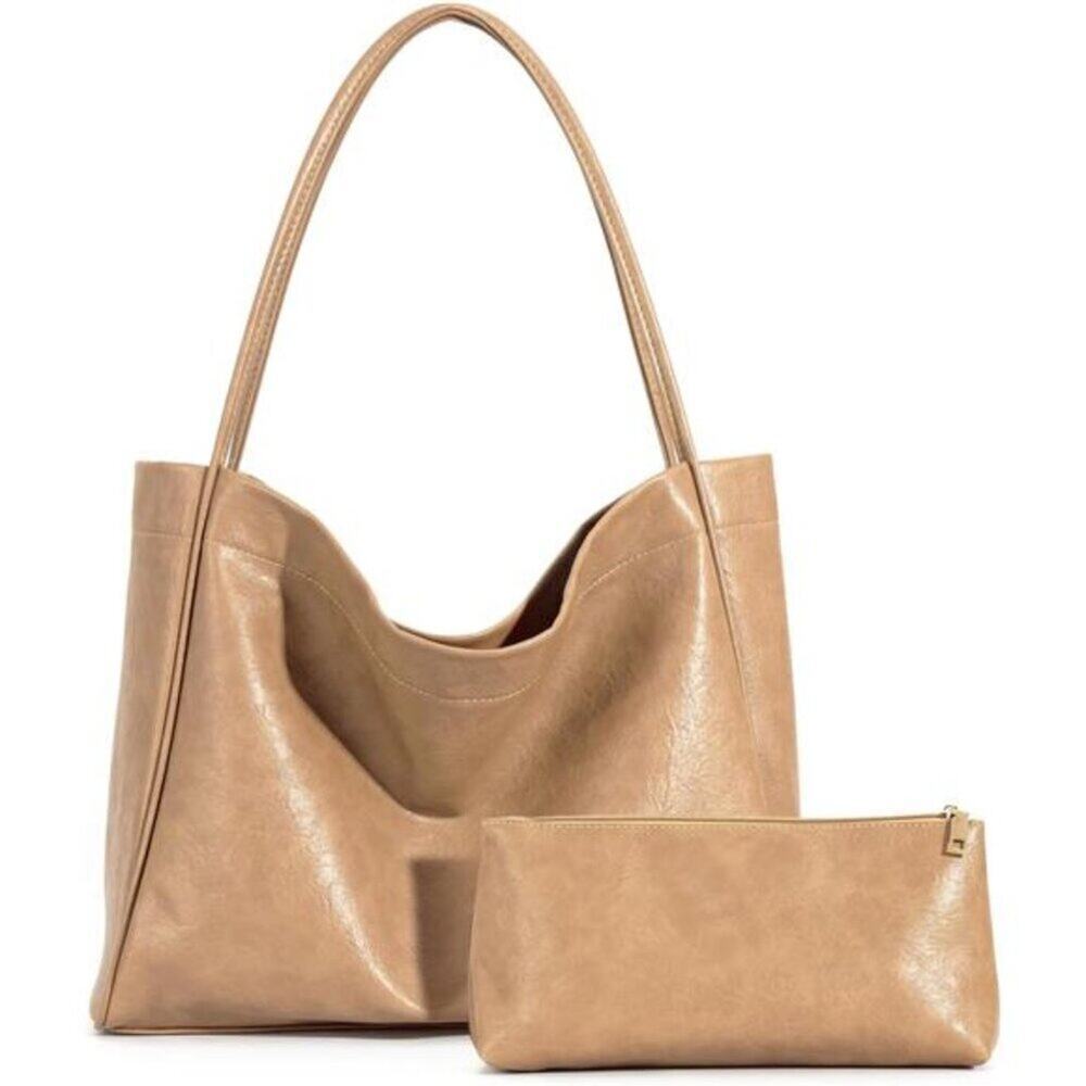 Tote Bag Beige For Women 2 Pcs Large Casual Pu Weekender Bag Soft Vegan Leather
